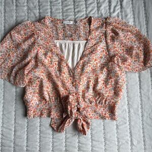 Lush Pink and Gold Short Sleeve Tie Front Crop Blouse